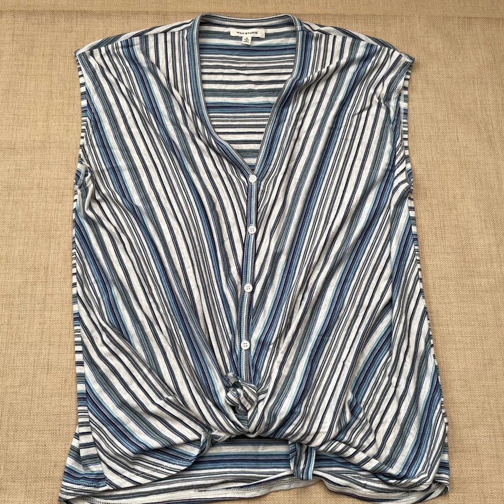 Max Studio Blue Striped Knit V Neck Sleeveless Top Blouse